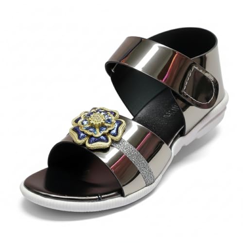 Image of ๐๐ซ๐๐ง๐๐๐ญ๐๐ญ๐ข๐จ๐ง:-Girls Trendy Sandals with Holographic Floral Strap, Welcro Style, Sandals |