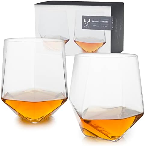Viski Seneca Faceted Crystal Tumblers Set of 2 - Premium Crystal Clear Glass, Stylish Lowball Cocktail Glasses, Cocktail Glass Gift Set - 11 oz