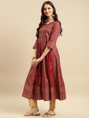 Image of rangita Teal Rayon Calf Length Embroidered Anarkali Kurti for Women | Kurta for Women