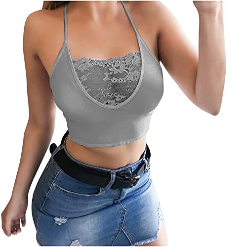 Womens Sexy Lace Bralettes Half Cami Longline Bralette Wirefree Bra V Neck Camisole Crop Top for Teen Girls Gray