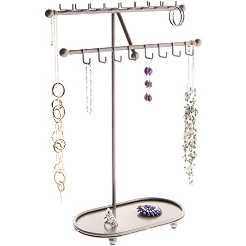 Necklace Holder Jewelry Organizer Display Stand Hanging Large Long Necklace Pendant Storage Rack, Sharisa Satin Nickel Silver