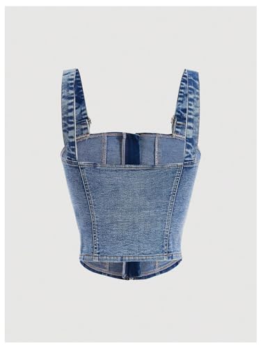 SHENHE Women's Zip Up Denim Top Adjustable Strap Sleeveless Jean Crop Top with Pockets2