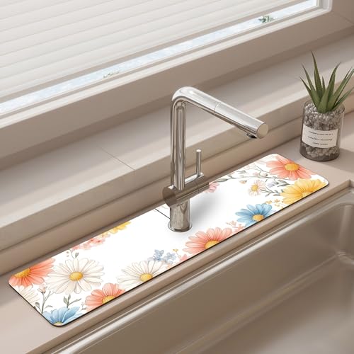Faucet Mat for Kitchen Sink - Sinkmat Absorbing Mat, Fast Drying Splash Guard for Kitchen & Bathroom - Non-Slip Water Absorbing Drying Pad Behind Faucet, Fits RV, Countertop, Island (3.9x15in) A2