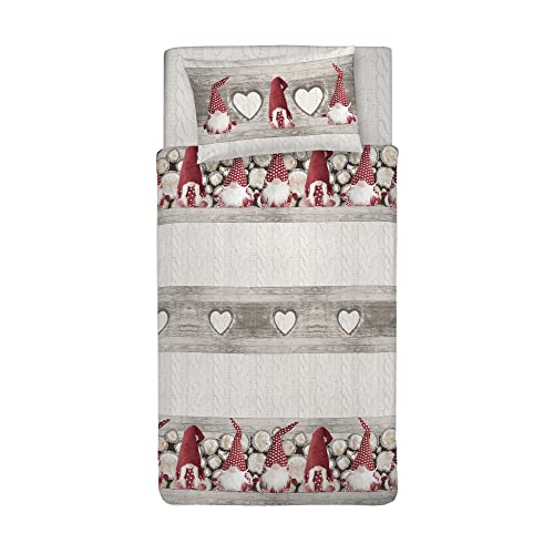 PENSIERI DELICATI Funda Nórdica Cama Individual 100% Algodón, 155x200cm y 1 Funda de Almohada 52x82cm, Made in Italy, Funda Nórdica Lavable a Máquina a 40°, GNOME Rojo Cover