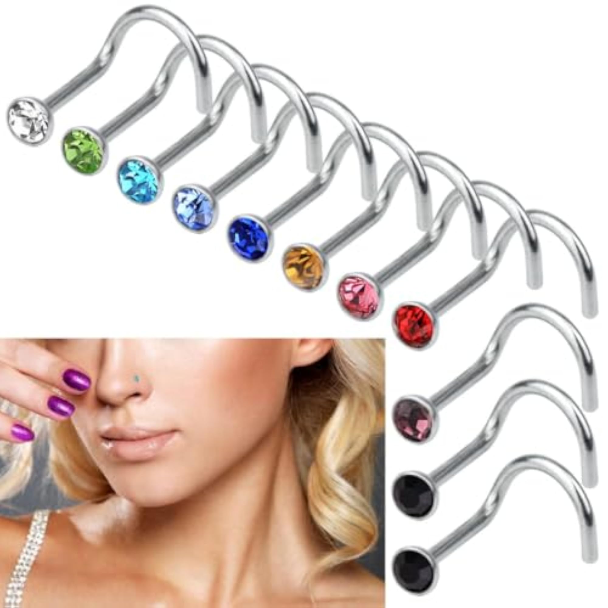 20pcs Rhinestone Steel Nose Studs Set, Colourful