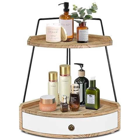 PICKKROSS 2 Tier Bathroom Counter Organizer, Wood Bathroom Tray with Drawer, Corner Storage Shelf for Cosmetic Vanity Tray Kitchen Spice Rack Coffee Station Organizer, Kitchen Organizer and Storage Cover