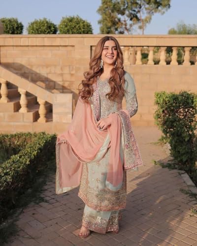 Image of WOONARI Royal Sage Green Pakistani Salwar Suit | Designer Embroidered Georgette Set with Pink Dupatta | Ideal for Wedding (XXL)