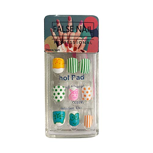 GENNYUE Kids False Nails, Artificial Acrylic Children Fake Nails Tips, Glue on Nails and Press on Nails, with Nail Glue and Glue Sheet, 24 PCS (1)