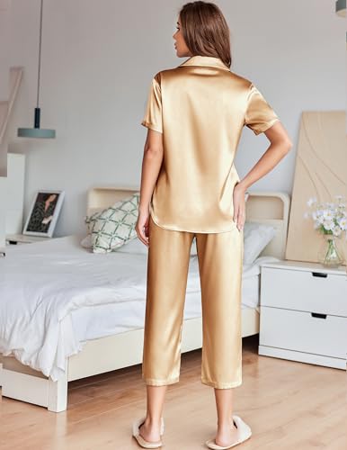 Image of Ekouaer Womens Satin Silky Capri Pajamas Short Sleeve Button Down Sleepwear