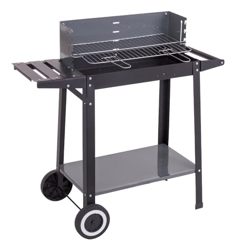 LOLAhome Barbacoa de Carbón Rectangular de Acero con Bandeja Lateral y Ruedas para Transporte - 10 Comensales, Parrilla 48x29 cm - Dimensiones 85x40x84 cm - Color Negro - Sencillo Montaje y Guardado