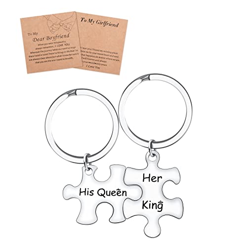 YELUWA 2 Pcs Porte-clés Puzzle De Couple, Porte-clés Longue Distance Cadeaux De Couple En Acier Inoxydable Cadeaux Doux Avec Boîte Cadeau Pour Petit Ami Petit Ami Anniversaire (sa Reine Et Son Roi) Cover