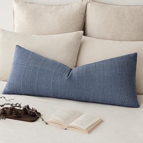 Image of Foindtower Set of 1 Decorative Linen Check Throw Pillow Cover Neutral Long Body Lumbar Cushion Cover Farmhouse Vintage Home Decor for Sofa Chair Couch Bedroom Living Room,14x36 Inch,Blue
