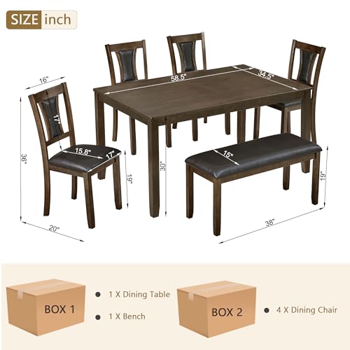 Image of KEIKI 6-Piece Standard Height Dining Table Set with Rectangular Table, 4 Upholstered Chair, Bench, for 6 Person, Farmhouse Rustic Style Table Set, Easy Assembly, for Kitchen, Dining Room, Walnut