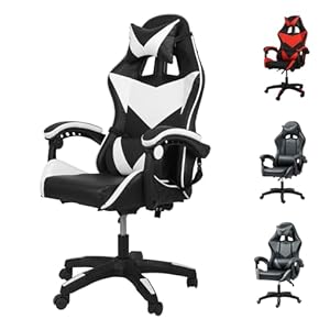 Gaming Chair, Computer Chair with Lumbar Cushion, Headrest, Height-Adjustable Office Chair Gaming Chair for Adults, Girls, Boys (Without Footrest, Black+White)