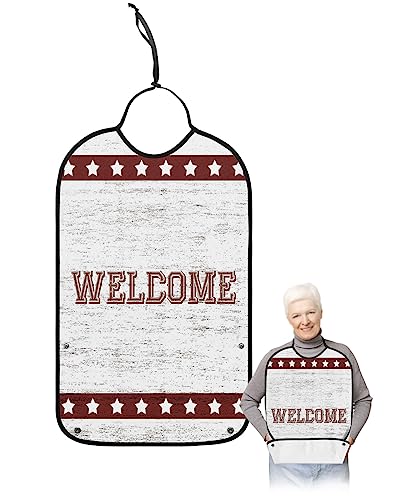 4th of July Adult Bibs for Eating, Waterproof Bibs with Food Catcher & Adjustable Snap Closure, Welcome Star Farmhouse Independence Day Washable Clothing Protectors Adult Bibs for Elderly Women/Men