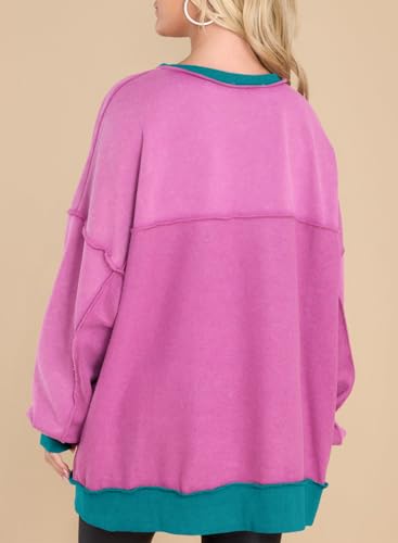 Alvaq Women Sweatshirt Trendy Fall Winter Casual Colorblock Long Sleeve Henley V Neck Button Oversized Sweatshirts High Low Hem Tunic Tops Purple 2Xl thumb #2
