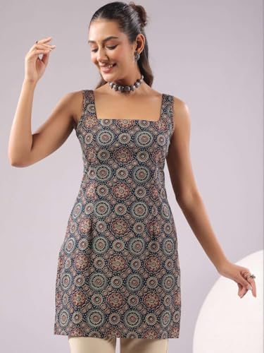 Image of Rimeline Women's Printed Cotton Sleeveless Square Neck Kurti Top | Straight Fit Ethnic Casual Tunic