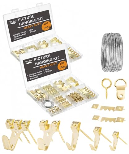 Image of Mr. Pen- Picture Hanging Kit, 410 pcs, Gold, Assorted Hooks, Nails | Sawtooth Hangers, D-Rings, Steel Wire, Ring Hooks, Home Wall Mount Hardware for Frames, Canvas, Decor