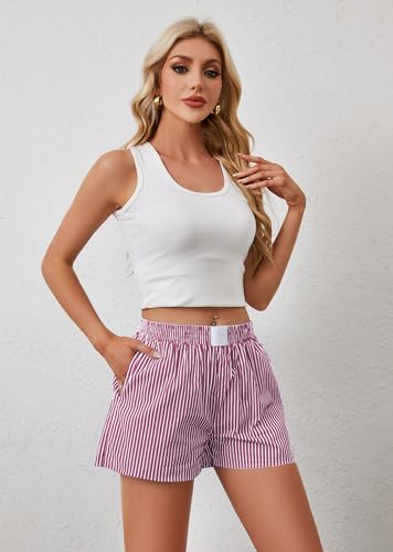 Image of Ythomm Womens Lounge Shorts Y2k Striped Print Elastic Waist Pajama Shorts Cute Boxers Bottoms With Pockets Comfy Sleepwear, X-Large, White-pink