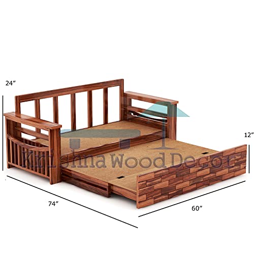 Image of Solid Sheesham Wood Convertible 3 Seater Sofa Cum Bed with Headboard and Storage Armrest, Folding Queen Size Double Bed with PullOut Big Drawer Furniture for Home Living & Bed Room