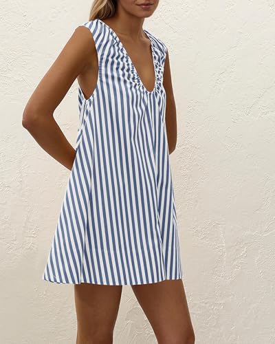 Image of Women Summer Sleeveless Babydoll Mini Dress Scoop Neck Loose Fit Tank Dresses Party Ruched Short Dress with Pockets