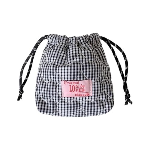 Portable Drawstring Closure Cosmetic Pouches Makeup Bag Travel Organizers Quilted Pattern Easy Access Heart Makeup Bag