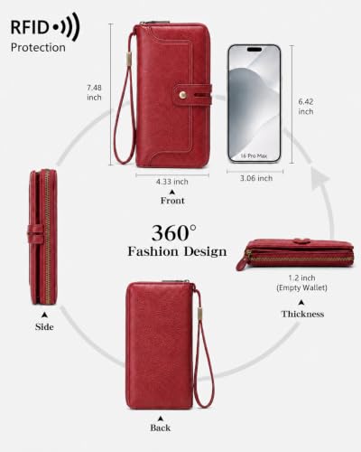 Image of Womens Wallet Rfid Blocking Bifold Leather Wristlet Cute Long Clutch Red | Large Capacity Card Holder Wallet Purse with Zipper,ID Window,Strap for Female Ladies Teen Girls