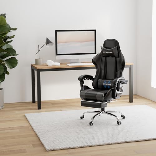 Sedia da Gaming, Ergonomico Sedia da Ufficio, con Massaggiante poggiapiedi e supporto lombare, Schienale Regolabile 90-135°, Portata 150 kg, sedia per computer, Nero - Sedia gaming - Immagine 1
