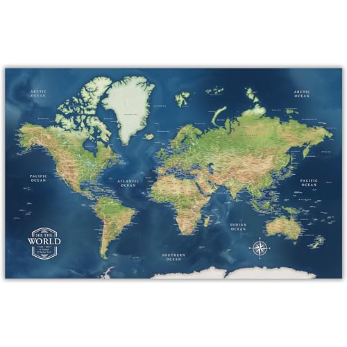 HolyCowCanvas Personalized Push Pin World Map on Canvas shows Land Terrain on Navy Background, World Map Pin Board, Travel Tracker to Mark Places Traveled