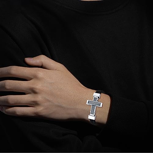 Mens Crucifix Braid Bracelet Cross Leather Cuff Bangle Bracelet with Stainless Steel Clasp Wristband Jewerly Birthday Gifts for Dad Husband Boyfriend Brother Son3