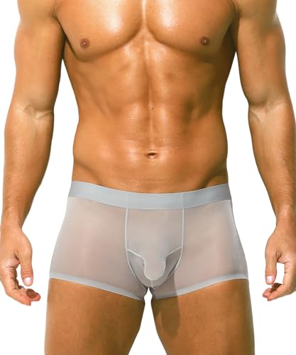Mens Sexy See Through Underwear Ice Silk Boxer Briefs Ultra Thin Trunks Soft Bulge Pouch Sheer Boxer Shorts