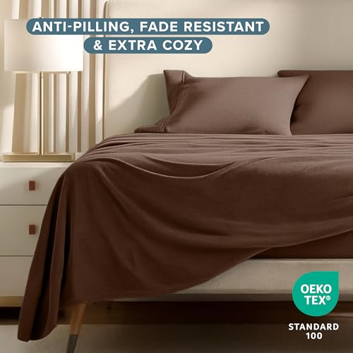 Image of Bare Home Super Soft Fleece Sheet Set (Twin XL, Cocoa) | Extra Plush Polar Fleece, No-Pilling Bed Sheets, All-Season, Cozy Warmth, Deep Pockets 6 to 15 Inches