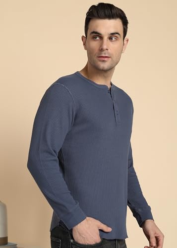 Image of Alan Jones Clothing Men's 100%Cotton Regular Fit Waffle Henley Neck Long Sleeve T-Shirt