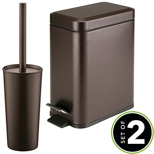 Mdesign Metal Freestanding Slim Toilet Bowl Brush And Holder + Rectangle Narrow 1.3 Gallon Step Pedal Trash Can Wastebasket For Bathroom Storage - Small, Compact Design - Set Of 2 - Bronze #TOP1