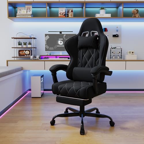 Devoko Gaming Stuhl Stoff ergonomisch mit Massagefunktion und Fußstütze, Taschenfederkernpolster, 135° verstellbar, atmungsaktiv für Home Office oder Gaming Zimmer schwarz – Bild 3