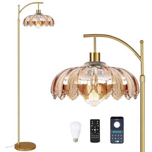 Arc Floor Lamp for Living Room Gold Floor Lamp with Remote Control,Dimmable Floor Lamps with Glass Lampshades,Mid Century Modern Standing Lamp Tall Vintage Flower Floor Lamps for Bedroom,Corner
