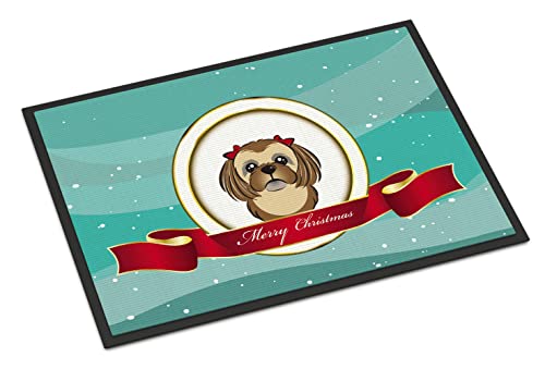 Caroline's Treasures BB1559JMAT Chocolate Brown Shih Tzu Merry Christmas Doormat 24x36 Front Door Mat Indoor Outdoor Rugs for Entryway, Non Slip Washable Low Pile, 24H X 36W