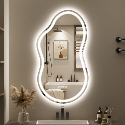Image of 20x36 Irregular LED Bathroom Mirror with Lights, Backlit + Front Lit, Anit-Fog, Dimmable, Asymmetrical Cloud Lighted Bathroom Vanity Mirrors for Wall, 3-Color Light, Memory, HD Tempered Glass