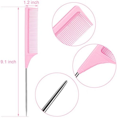 Leinuosen 3팩 22.9cm(9인치) 쥐꼬리 빗, 금속 픽, 탄소 섬유, 핑크 — 사진 2