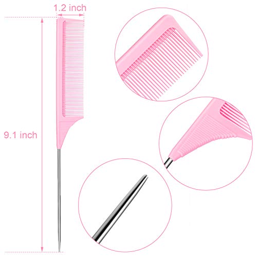 Leinuosen 3 Packs 9 Inch Rat Tail Comb Carbon Fiber Heat Resistant Teasing Comb with Metal Pick Styling Parting Lightweight Sectioning Fine Tooth Combs for Women Girls
