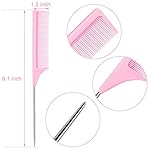 3 Packs Rat Tail Comb Steel Pin Rat Tail Carbon Fiber Heat Resistant Teasing Combs with Stainless Steel Pintail (Pink) - Image 2