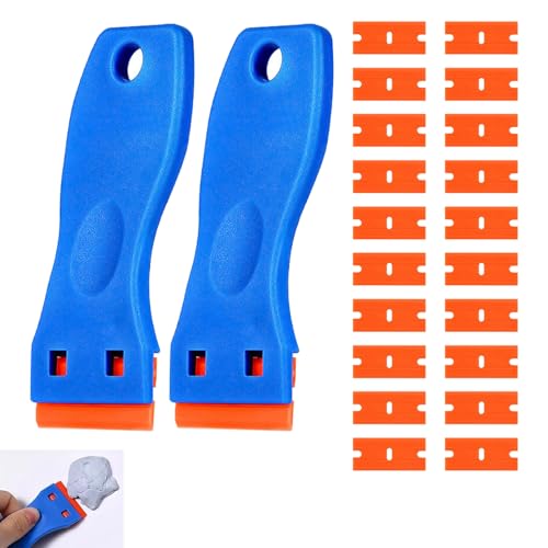 2 Pcs Plastic Razor Blade Scraper with 20 Plastic Blades, Glass Scraper Non Scratch Multipurpose Tool for Removing Glue Stickers Decals Labels & Adhesive Residue from Glass Windows Car & Food Surfaces