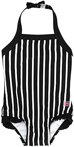 RuffleButts® Girls Black and White Stripe Halter One Piece - 7