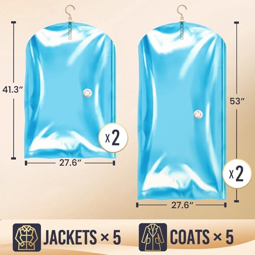 TAILI Hanging Vacuum Storage Sealer Space Saver Bags for Clothes, Coat, Closet Organizers, 4 Pack (2 Long, 2 Short) Blue