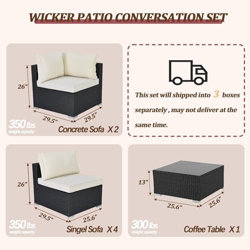 Image of 7 Piece Outdoor Sectional Outdoor Patio Furniture Set, Outdoor Patio Furniture Set with Coffee Table, Sectional Couch Sofa with Cushions, Wicker Outdoor Conversation Set for Backyard & Garden, Beige