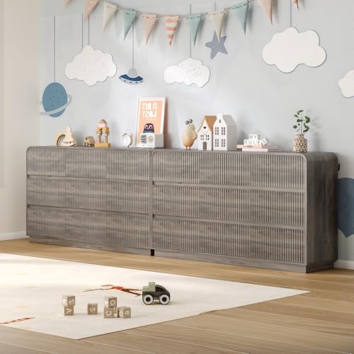 Image of BORNOON Dresser for Bedroom with 9 Drawers, Fluted Chest of Drawers with Round Curved Corner, Hidden Handles, Modern Wood Storage Organizer for Bedroom, Nursery, Living Room