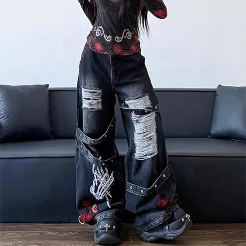 Harajuku Gothic High Waisted Straight Leg Jeans Y2K Vintage Lattice Fringe Ripped Embroidered Denim Pants3