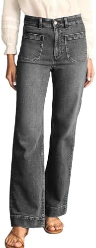 Astylish Wide Leg Jeans for Women Trendy High Waisted Straight Jeans Loose Denim Pants Stretchy Buttoned Baggy with Patch Pockets Size 16 Gray