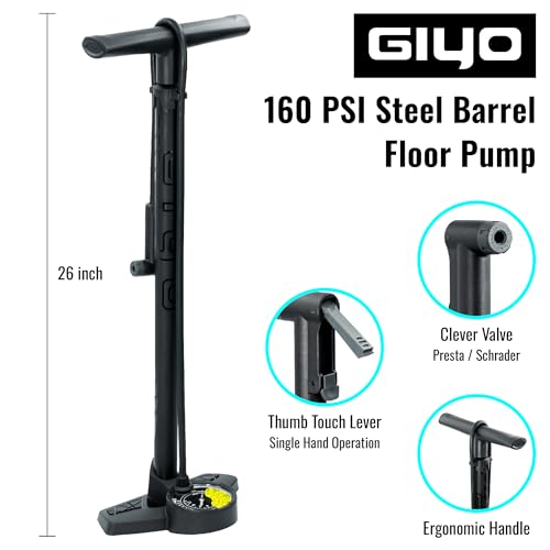 GIYO Bike Floor Pump - 3\" Dual Scale Gauge - Road & MTB | One Handed Operation -Clever Valve for Presta & Schrader | Max 160PSI Steel Barrel (GF27) - Thumbnail 5