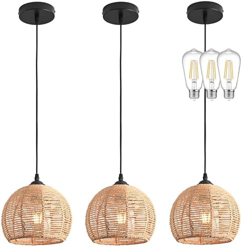 3 Pack Wicker Pendant Light Natural Woven Pendant Light Boho Chan...